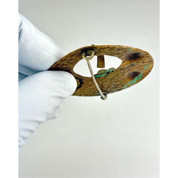 Antique JHP Arts & Crafts Hand Wrought Hammered Bronze Tiger Patina Brooch Pin X - Picture 8 of 8